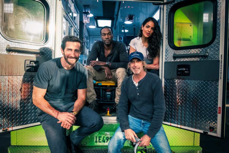 (from left) Jake Gyllenhaal, Yahya Abdul-Mateen II, director Michael Bay and Eiza González on the set of Ambulance.